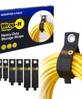 Heavy Duty Storage Straps Six Pack For Garage Cord Management And Cable Organization For RV Accessories And Shed Gear Keeps Extension Cords Neat And Tidy While Withstanding Tough Use shown with packaging and use on cable