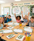 Children in classroom with 48 Pcs Tented Desk Nameplates Set For Students, 9 By 3 Inch Eucalyptus Style Reusable Name Tags on desks