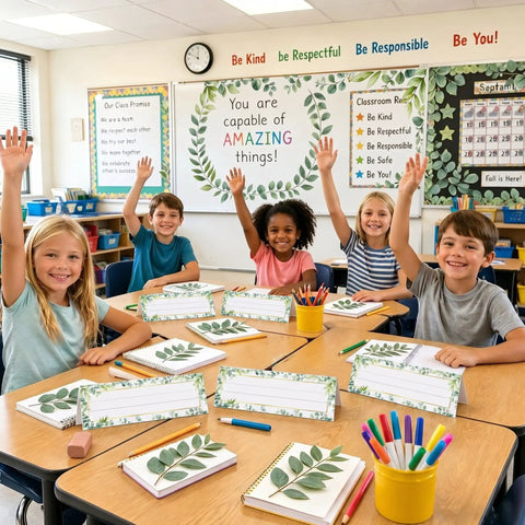 Children in classroom with 48 Pcs Tented Desk Nameplates Set For Students, 9 By 3 Inch Eucalyptus Style Reusable Name Tags on desks