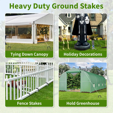 Various uses for 12 Inches Trampoline Wind Stakes Heavy Duty U Stakes For Ground 8 Pack Trampoline Tie Down Anchor Kit For Swing Set And Soccer Goal Galvanized Steel Anchors Black, including tying down canopy and securing holiday decorations.