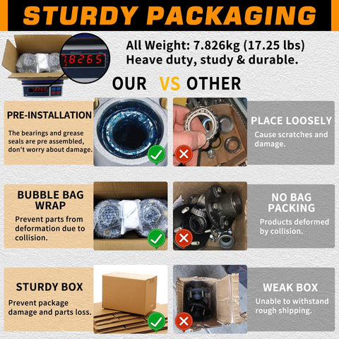 Trailer hub kit packaging infographic showing sturdy vs weak packaging, pre-installation, bubble wrap, and box quality.