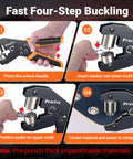 Grommet Tool Kit With Interchangeable Double Head For Three Eighths And One Quarter Inch Grommets Handheld Kit With 280 Eyelets And Grommets For Tarps Leather Fabric Projects showing fastening process.