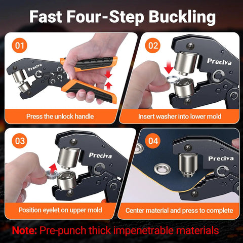 Grommet Tool Kit With Interchangeable Double Head For Three Eighths And One Quarter Inch Grommets Handheld Kit With 280 Eyelets And Grommets For Tarps Leather Fabric Projects showing fastening process.