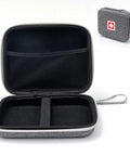 Open and closed views of a Travel Ready Hard Shell Medical Case for Portable Nebulizer and Inhaler Accessories with mesh pocket.