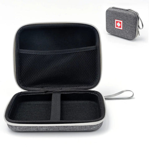 Open and closed views of a Travel Ready Hard Shell Medical Case for Portable Nebulizer and Inhaler Accessories with mesh pocket.