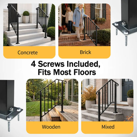 Rock Solid Two Tier Handrail For Patio Stairs And Deck Entries Matte Black Galvanized Steel Railing System on concrete, brick, wood, mixed surfaces.