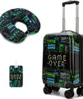 Kids 16 Inch Travel Suitcase Set With Smooth Rolling Spinner Wheels For Boys Carry On Hard Shell Luggage Airline Approved 2 In 1 Gift Pack Includes Neck Pillow Case And Luggage Tag By Homskiii Great Gift For Kids, featuring suitcase, neck pillow, and tag with game design.