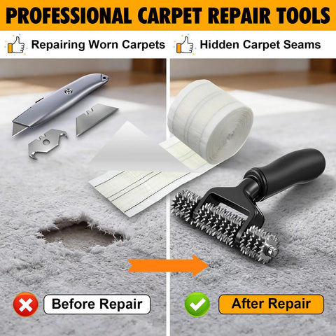Upgraded Carpet Repair Kit With 5 Inch Star Wheel Seam Roller 4 Inch By 30 Foot Double Sided Heatless Carpet Tape And Heavy Duty PVC Pipe Cutter For Easy DIY Home And Office Floor Fixes, carpet repair tools before and after