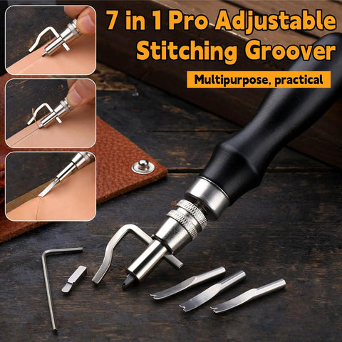 7 in 1 Groover Tool from 4 Pcs Leather Knife Set With 7 In 1 Groover Tool And Leather Cutting Knife, Includes Ebony Wood Edge Burnishers