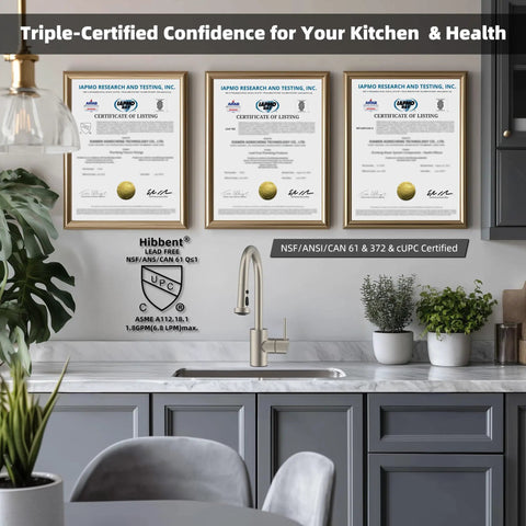 NSF ANSI CAN 61 CUPC Certified Pull Down Kitchen Faucet Head Replacement with certifications shown above a modern sink.