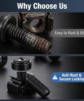 Comparison of M6 rack screws and square cage nuts with heavy duty carbon steel design, highlighting anti-rust and secure locking features.