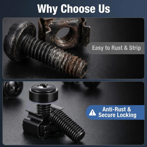 Comparison of M6 rack screws and square cage nuts with heavy duty carbon steel design, highlighting anti-rust and secure locking features.