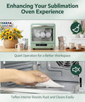 Huge 20 Liter Sublimation Oven For Mugs Tumblers And Bottles Featuring Hella Smooth One Touch Auto Bake Mode in pea green, showcasing quiet operation and easy-clean Teflon interior.