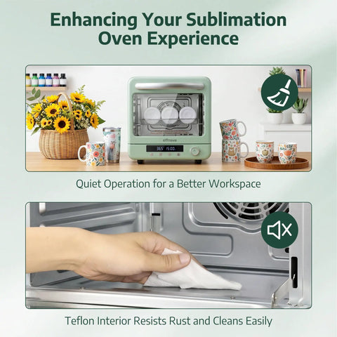 Huge 20 Liter Sublimation Oven For Mugs Tumblers And Bottles Featuring Hella Smooth One Touch Auto Bake Mode in pea green, showcasing quiet operation and easy-clean Teflon interior.