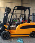 Heavy Duty Electric Forklift Truck Featuring Punchy Motors And Rock Solid Tires Streamlined For Zero Sweat Warehouse Maneuvering and Heavy Lift Operations. Side view of an orange forklift.