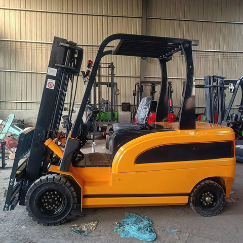 Heavy Duty Electric Forklift Truck Featuring Punchy Motors And Rock Solid Tires Streamlined For Zero Sweat Warehouse Maneuvering and Heavy Lift Operations. Side view of an orange forklift.