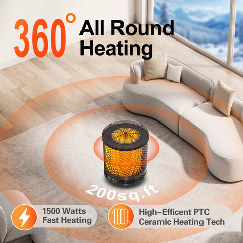 Voice Controlled 360 Degree Space Heater With 1500W Fast Heat in a modern living room, showing 360° heating coverage.