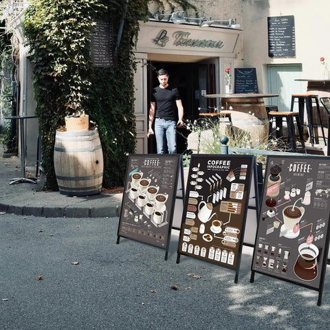 Double Sided A Frame Sidewalk Sign 24x36 Inches Heavy Duty Outdoor Sandwich Board with coffee menu outside café