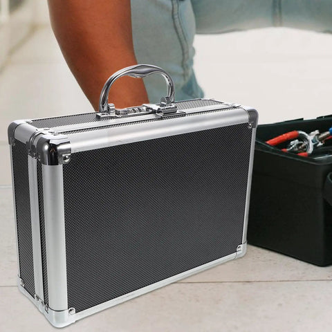 Heavy Duty Aluminum Tool Box With Secure Combination Lock, Boss Grade Hardware Organizer Case For Real Deal Mechanics, showing durable carry handle and textured black surface.