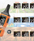 All In One Digital Temperature And Humidity Meter With Wet Bulb Dew Point Readout for indoor outdoor use, displaying data on screen.