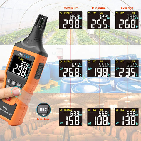 All In One Digital Temperature And Humidity Meter With Wet Bulb Dew Point Readout for indoor outdoor use, displaying data on screen.