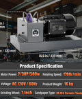 Rock Solid Lawn Mower Blade Sharpener Bench Grinder Featuring 500 Watt Motor And 7 Inch Wheel with motor and dimensions displayed.