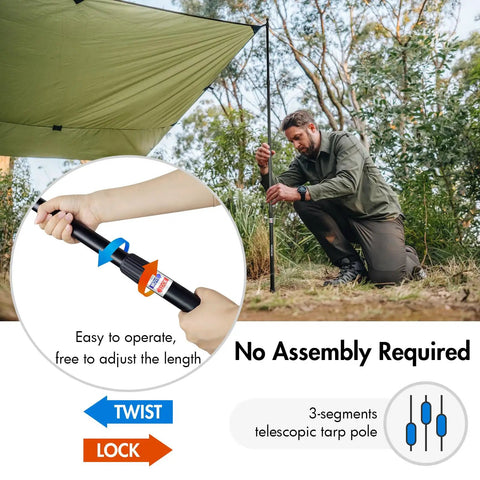 Man setting up Telescoping Tarp Poles 4 Pack, Lightweight Aluminum Camping Poles with twist-lock mechanism outdoors