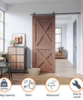 Nine Foot Single Sliding Barn Door Hardware Kit With Track For Quiet Smooth Operation, Carbon Steel Upgrade Lightweight Yet Strong, Load Capacity Up To Two Hundred Sixty Five Pounds, Low Clearance Design, Easy To Install, Black Finish shown installed on wooden door in modern room
