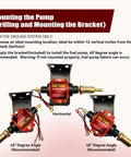 Universal 12 Volt Electric Fuel Pump For Cars And Trucks Straight Plug And Play Design showing mounting bracket options at different angles.