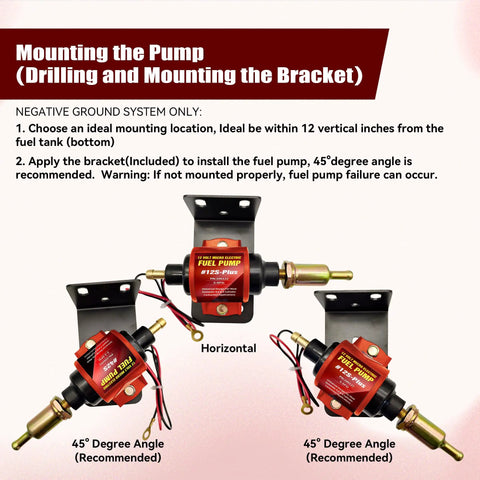 Universal 12 Volt Electric Fuel Pump For Cars And Trucks Straight Plug And Play Design showing mounting bracket options at different angles.