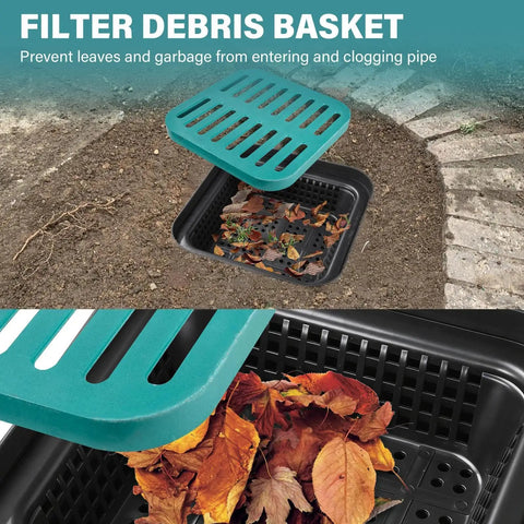 Square Catch Basin With Grate And Debris Basket For Outdoor Drainage Kit installed in ground with fallen leaves inside basket