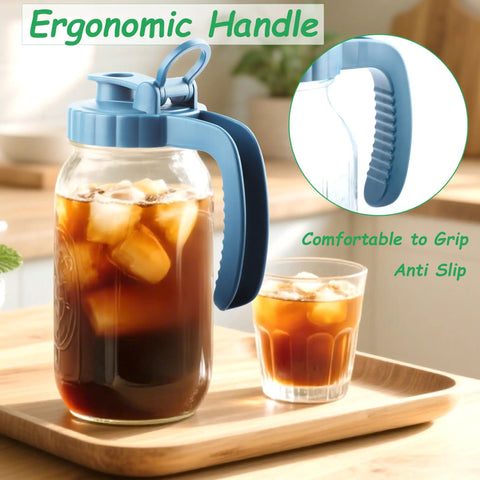 Two Pack 64 Oz Wide Mouth Pitchers With Stainless Steel Filters, ergonomic handle full of iced coffee on a wooden tray