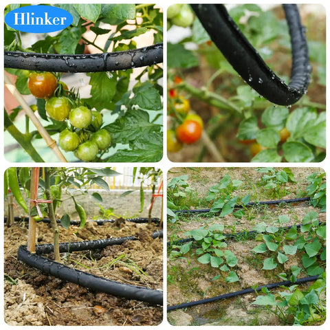 Flat Soaker Hose 50 Feet Twin Pack for Garden Beds One Half Inch Linkable Drip Irrigation in use with plants
