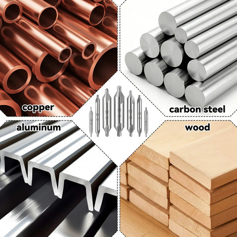 Pro Grade Center Drill Bit Set For Lathe And Metalworking, 60 Degree M2 High Speed Steel Center Bits With Countersink, Seven Sizes 1.0 1.5 2.0 2.5 3.0 4.0 5.0 displayed with wood, aluminum, copper, and carbon steel materials.