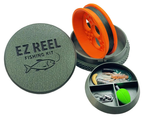 Grab-and-Go Pocket Size Handline Fishing Kit with 60 Ft Braided 15 Lb Line Ultra Portable Rodless Reel and tackle in case.