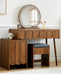 Wave Vanity Desk with Lighted Round Mirror and Modern Walnut Finish, Makeup Table with Drawer and Cabinet Storage, Bench Seat