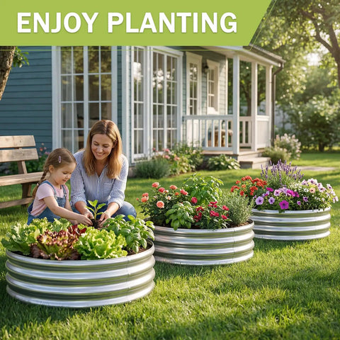 3-Pack Round Galvanized Raised Garden Bed Kit 2 By 2 By 1 Foot Outdoor Planter Metal Flower Box in a yard with flowers and vegetables