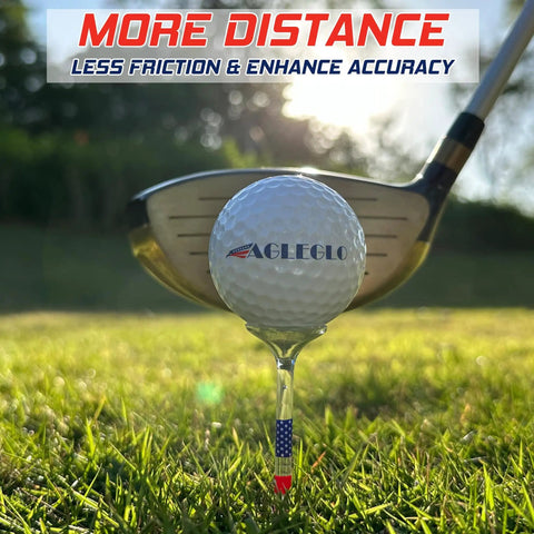 Golf ball on unbreakable three and a quarter inch transparent acrylic golf tees with big cup and eight prongs, reducing side spin.