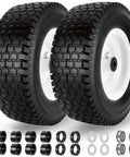 Flat Free Tire And Wheel Set 13x5.00-6 For Riding Lawn Mower, Solid Rubber Tires With Pre Assembled Rims, shown with bushings