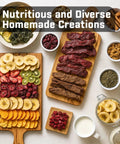Colorful display of homemade dried fruit, beef jerky, and herbs made with Boss Level 12-Tray Stainless Steel Food Dehydrator With Dishwasher Safe Trays And 800W Digital Panel For Cranking Out Beef Jerky Dried Fruit And Herbs Zero Sweat.