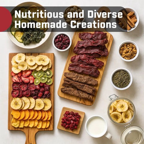 Colorful display of homemade dried fruit, beef jerky, and herbs made with Boss Level 12-Tray Stainless Steel Food Dehydrator With Dishwasher Safe Trays And 800W Digital Panel For Cranking Out Beef Jerky Dried Fruit And Herbs Zero Sweat.