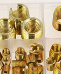 Self Tapping Threaded Inserts Kit With Brass Slotted Inserts 50 Pieces Easy Press In Installation For Quick Durable Repairs In Wood Metal Aluminum And Plastic Projects brass inserts in storage box