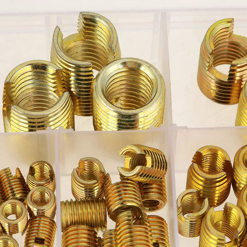 Self Tapping Threaded Inserts Kit With Brass Slotted Inserts 50 Pieces Easy Press In Installation For Quick Durable Repairs In Wood Metal Aluminum And Plastic Projects brass inserts in storage box
