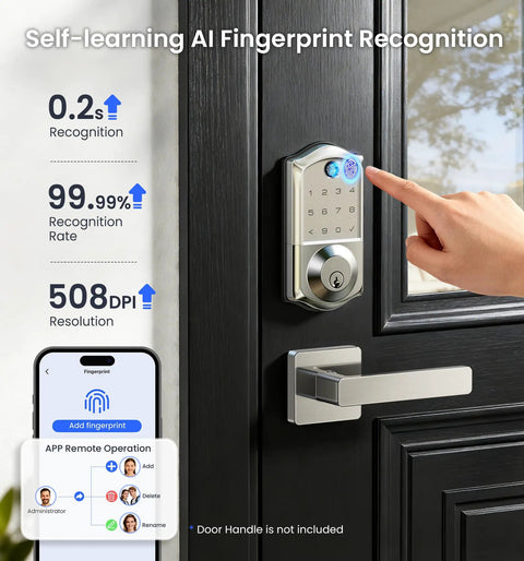 Satin Nickel WiFi Smart Keyless Entry Lock For Front Door Featuring Fingerprint And Password Access Mobile App Control For No Sweat Remote Access And Straight Up Knockout Home Protection