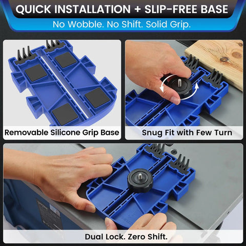 Close-up of Shop Floor Safe Dual Leg Featherboard For Table Saws And Router Tables Anti Kickback Accessory With Flexible Arms in blue.