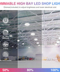 UFO LED High Bay Light 200W Dimmable Warehouse Shop Light showing dimming settings and remote features for brightness control.