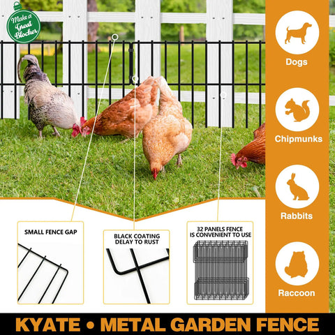 45.33Ft No Dig Pet Barrier Fence With 32 Panels For Rabbits And Dogs Rustproof Metal Border in garden setup with chickens.