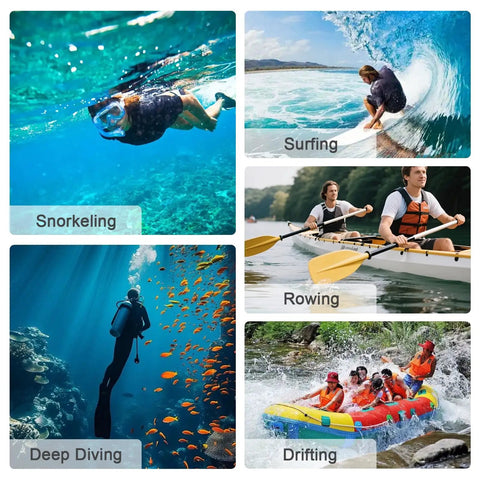 Collage of water activities: snorkeling, surfing, deep diving, rowing, and drifting, showcased for Osmo Action 6 Bombproof Waterproof Underwater Housing Case 60M Depth Rated Anti Fog Shield With Quick Release Bracket For Deep Diving Snorkeling And Surfing Gear.