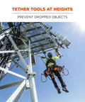 Worker on tower using Squids 3105 Tool Lanyard With Aluminum Screw Lock Carabiner For No Snag Secure Attachment, ANSI ISEA 121-2018