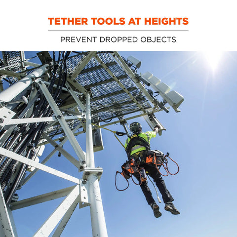 Worker using Squids 3105 Tool Lanyard With Aluminum Screw Lock Carabiner, 15lb Capacity, 10 Pack, on a tower